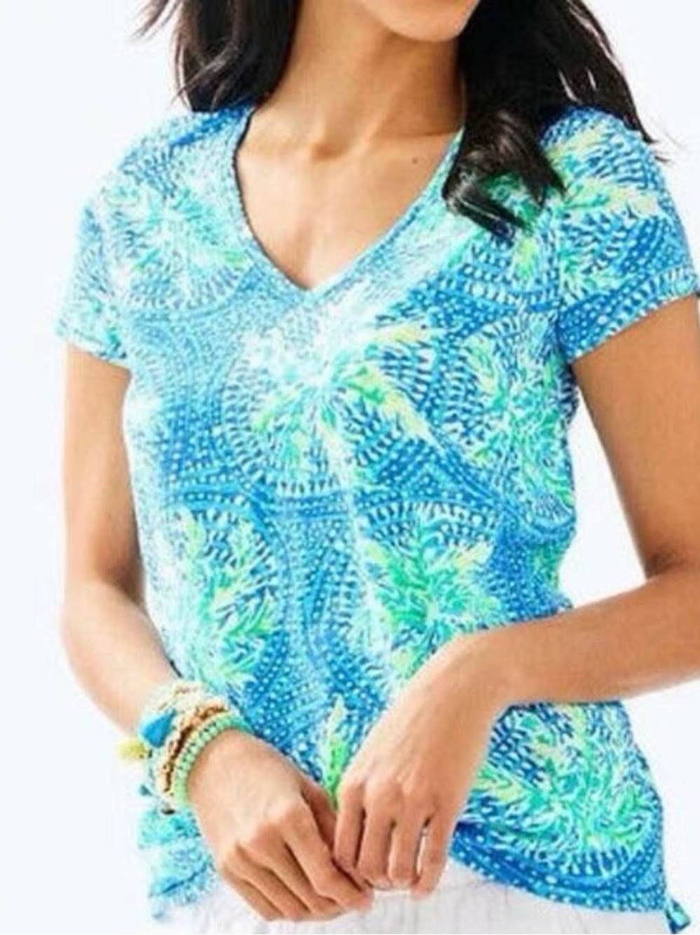 Lilly Pulitzer Etta V-Neck Top Bennet Blue Tropic Like Its Hot XL